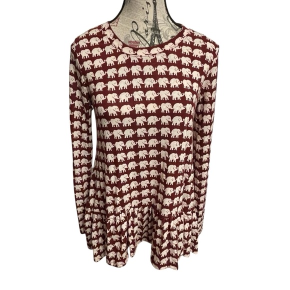 Tops - Elephant Print Long Sleeve Top - Red and White